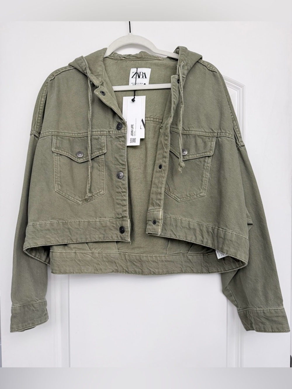 NWT ZARA Cropped Olive Hooded Denim-Style Jacket